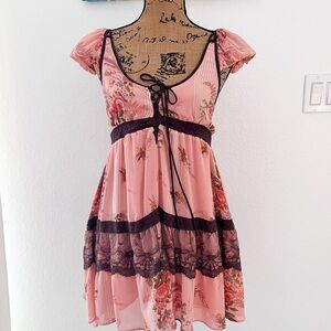 Floral Pink Mini Dress with Lace Accent